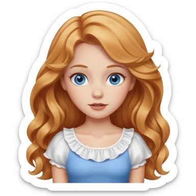white girl with strawberry blonde super long wavy hair, white skirt, blushed cheeks sticker