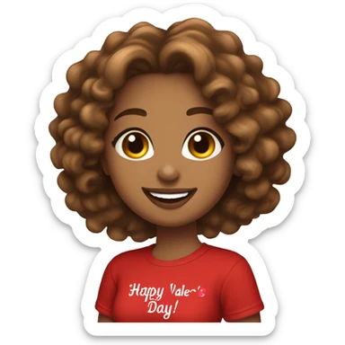 Light brown lady smiling, medium brown long curly hair, bright red lips, eyelashes, wearing red “happy Valentine’s Day” t shirt sticker