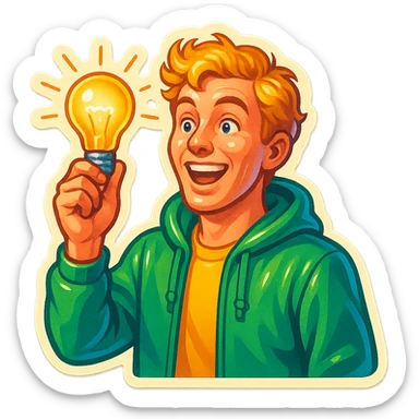 bright and expressive male visionary, fair skin, tousled golden hair, wide joyful eyes, wearing a green hoodie over a yellow tee, one hand raised with a glowing lightbulb, waist-up, front-facing sticker