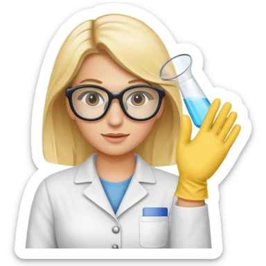 Eine hellblonde Chemikerin mit Kittel, Handschuhen, großer Labor-Sicherheitsbrille und typischem Erlmeyerkolben in der Hand, weißer Hintergrund sticker