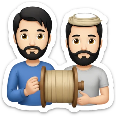 Man with long black hair tied in a spool and beard with a young short-haired blond without a beard sticker