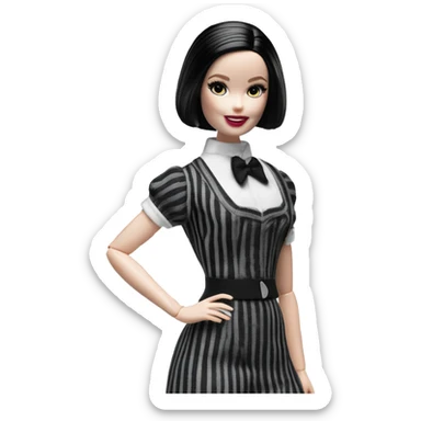 Silkstone Lingerie Barbie. Wednesday Addams from academy. Smiling. Dark-gray and black striped outfit. Very Pale-white porcelain skin.  sticker
