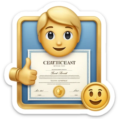 A simple emoji of a certificate document with a seal and a thumbs-up symbol, representing qualification or certification emoji style sticker