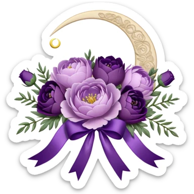 A vintage bouquet of lavender-hued peonies, deep violet roses, and soft lilac pansies, tied together with a silk ribbon in shades of plum and amethyst, rests beneath the glow of a crescent moon. Scattered around are tiny embroidered hearts on a delicate lace handkerchief, while the scent of dried lavender lingers in the cool evening air. sticker