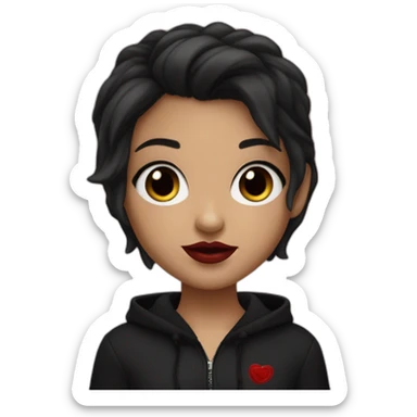 Tiny White girl lightly tanned with very short jet black coloured haircut (her hair are full black) black eyes and black hair wearing black messa hoodie like alyx Vance and red lipstick  sticker