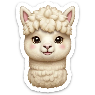 Cinematic Cute Cream Alpaca Portrait Emoji, Head tilted playfully and inquisitively, featuring a fluffy, cream fleece with a natural sheen, round, sparkling gentle eyes filled with curiosity, Simplified yet irresistibly adorable features, highly detailed, glowing with a warm, friendly glow, high shine, affectionate and gentle, stylized with a touch of whimsy, bright and endearing, soft glowing outline, capturing the essence of a mischievous yet loving alpaca, so playful it feels like it could prance out of the screen and into your arms! sticker