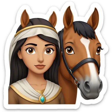 Middle Eastern woman with black and well defined eyebrows next to a horse  sticker