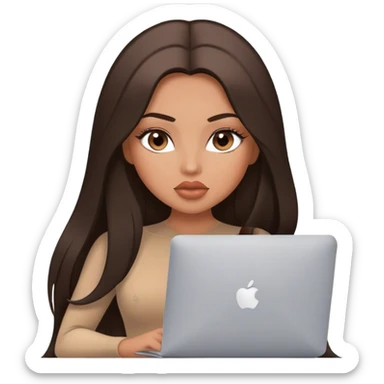 Glamours tanned very beautiful girl with big pump peach lips and dark chocolate straight smooth long hair, blue-grey eyes in brown/beige bodysuit with MacBook sticker