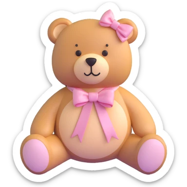 Stuffed teddy bear with light pink ribbon tied in a bow around its neck sticker