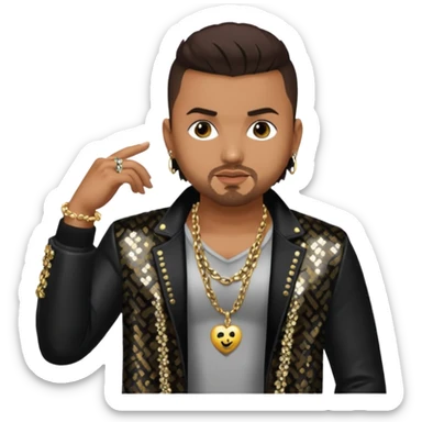 Sean Paul with dark brown hair, black sequin jacket, shirtless with necklace sticker