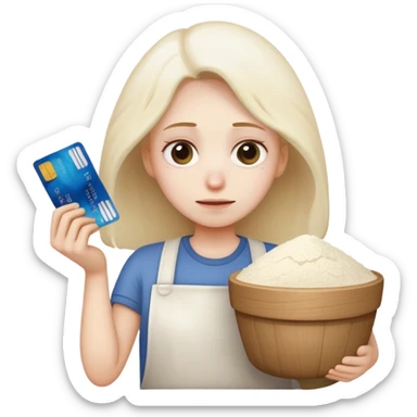 exhausted face holding a credit card with pile of flour in front sticker