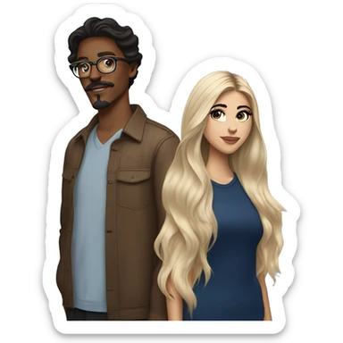 brunette, long haired, brown eyed, madison beer wearing Aritzia standing next to blonde man with , mustache, blue eyes, and brown glasses sticker