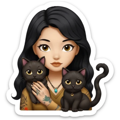 a Chinese girl with long black  Big Wave hair  Black eyes  and bronze skin tone and tattoos and a black round faced cat  sticker