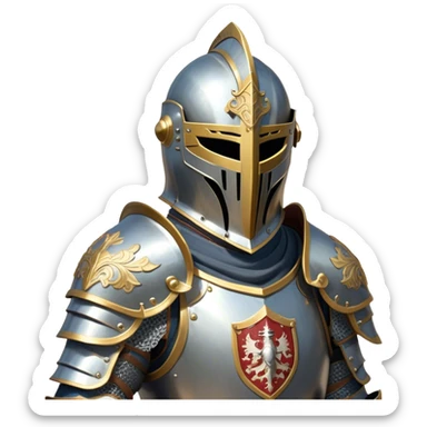 Clash of Clans aesthetic: Cinematic heroic Armored Knight Hero close up Emoji, rendered in a 3D vector-style similar to standard emojis with minimal shading and bold, simplified shapes. A compact, isometric warrior clad in gleaming plate armor with intricate heraldic details, softly glowing with a chivalrous medieval charm. Simplified yet unmistakably iconic, highly detailed and consistent, glowing with a soft radiant shine and high polish. Stylized with a touch of noble valor and a soft glowing outline, wearing a full face helm so that no face is visible with only eyes visible, capturing the essence of a gallant knight ready for honorable battle with a friendly, playful manner! sticker