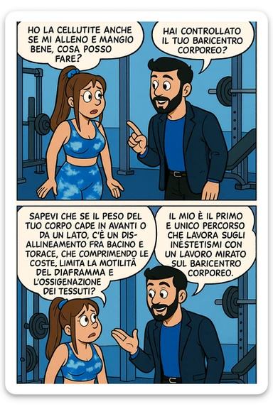 TRASFORMA QUESTO CAROSELLO IN UN FUMETTO STILE FUMETTO TOPOLINO CON QUESTE DUE PERSONE IDENTICHE CHE INTERLOQUISCONO TRA LORO:

LEI: Ho la cellulite anche se mi alleno e mangio bene, cosa posso fare?

LUI: Hai controllato il tuo baricentro corporeo?
LUI: Sapevi che se il peso del tuo corpo cade in avanti o da un lato, c’è un disallineamento fra bacino e torace, che comprimendo le coste, limita la motilità del diaframma e l’ossigenazione dei tessuti?
LUI: Il mio è il primo e unico percorso che lavora sugli inestetismi con un lavoro mirato sul baricentro corporeo. sticker