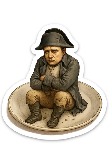 Сгенерируй мне такую же тарелку, только чтобы на ней сидел наполеон бонапарт, грустный, в чуть чуть рваной одежде. ТОРТ УБЕРИ ПОЛНОСТЬЮ. На прозрачной фоне. Наполеон должен быть в цвете sticker