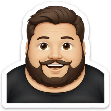 Joven obese, barba, long hair, pelo largo, cuerpo grande, latino piel canela, cara redonda-ancha, scruff sin barba completa, cejas gruesas, pelo oscuro ondulado flat largo hasta el cuello. Sonrisa amplia, expresión alegre. Camisa negra. Size large.  sticker