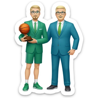 Full Body white male plus size wearing glasses with a goatee with light blonde and gray very short hair happy basketball head Coach in blue and green suit holding trophy sticker
