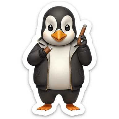 friendly anthropomorphised penguin wearing a mafia-style tracksuit, holding a cigar, secretive scheming pose, soprano vibe sticker