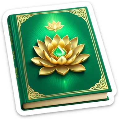 A soft emerald green magic book front cover en terciopelo, with golden details, a ray of light, or a lotus on the cover, radiating presence, tranquility, and spiritual awakening sticker
