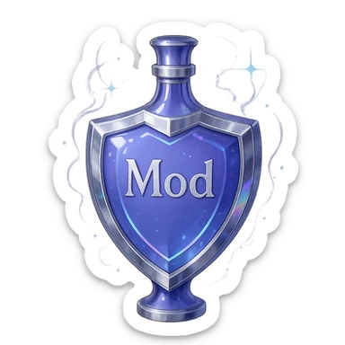 prabangus eliksyro buteliukas, skydo forma, spalva #7986cb, sidabrinės ir holografinės detalės, daug magiškų efektų, labai mažas kaklelis, vientisas dugnas, skaidrus fonas, plūduriuoja ore, be pagrindo ar šešėlio, modernus, kolekcijai tinkamas, ant buteliuko užrašas 'Mod' sticker