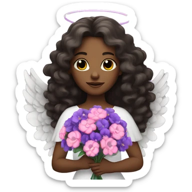 Black angel with long brunette curly hair holding bouquet of purple and pink flowers sticker