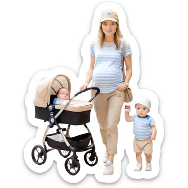 A mom with a brown stroller, a coffee cup attached to it. Inside, a 6-month-old baby boy with light brown hair and blue eyes. The mom is wearing a beige T-shirt and a matching beige cap. The baby is dressed in white sneakers, a white and blue striped T-shirt, and jeans sticker