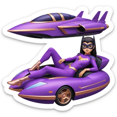 Hot full size real-appearance racing action BatGirl’s Lego feminine midnight-purple tight outfit sixty’s tv show 1992 stealth retro sporty petite off-road pursuit hovering hover cruiser car rose gold accents (black hair,reclined and relaxed seating position and attitude) desert sticker