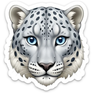 Cinematic-Noble-Snow-Leopard-Portrait-Emoji – Poised and majestic, with a muscular, agile build and a beautifully patterned coat of soft white and grey fur, marked with striking rosettes, deep-set, intelligent icy blue eyes, simplified yet sharp and sophisticated. zoomed out  sticker