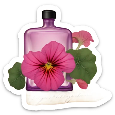 Aesthetic display of blush violet nasturtiums, an elegant deep pink perfume bottle, and a vintage love violet letter written in flowing script. sticker