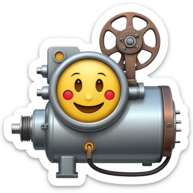 Industrial mechanical motor with a smiley face, emoji for the new electric music genre Motor breaks must be friendly and sellable must be small but clear child friendly, ready to use as a logo, motor synth make sure it's not Cold the Face must look like it's part of the machine sticker
