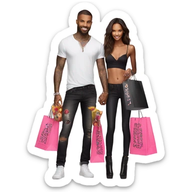 Photo of Victoria secret model shopping with a tattooed male model carrying bags sticker