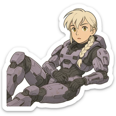 female, wearing reach spartan armor shoulder-unequip, long white braid hair with massive messy front side single bangs, gold yellow eyes, attention pose, HALO:series, no helmet, the armor is lavender color scheme, laying back and relaxing sticker