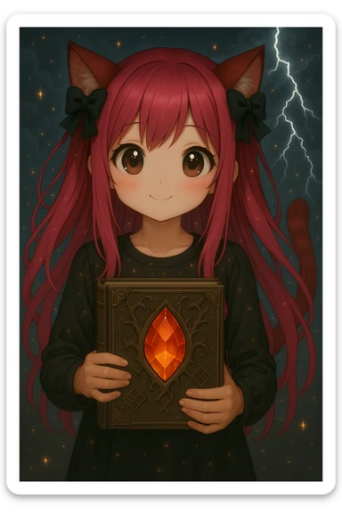 Change the character's facial expression to cute with big sparkling eyes, a small smile, and a gentle blush. Keep the emo style, pink hair, dark magical accessory, sparkles, and stormy background. Render in a realistic anime style. sticker