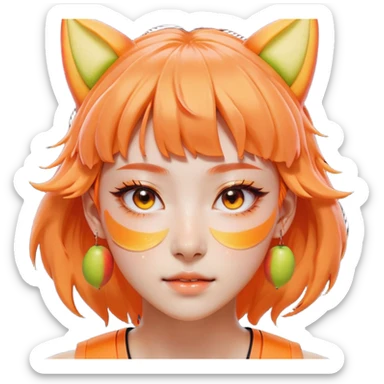 Face: Glowing amber skin (#F3D2A8), crescent eyes crinkled at corners (double eyelids), flushed apple cheeks shaped like peach slices. Hair: Neon-orange wolf-cut with 45° angled bangs, sweat droplets flying from tips. Extra: Sports headband with "GO!" in katakana, toothy grin showing 8 upper teeth. sticker