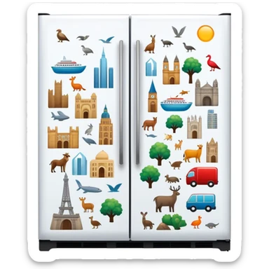 Icon for Magnet Collecting: a close-up of a fridge door covered with a variety of magnets, featuring cities, animals, symbols. The icon should highlight the diversity and charm of magnet collections. Transparent background. sticker