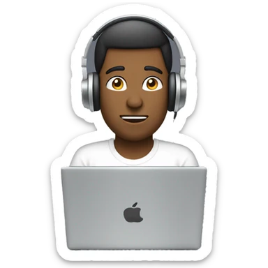 man in headphones talking hold laptop and phone only upper part of body  sticker