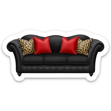 hyperrealism, still life, black velvet sofa, with two gray and red leopard print patterned decorative pillows sticker