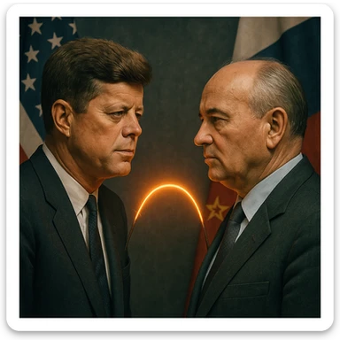 realistic portrait of John F. Kennedy and Mikhail Gorbachev with a glowing hot wire between them, US and Russian flags, Cold War context sticker