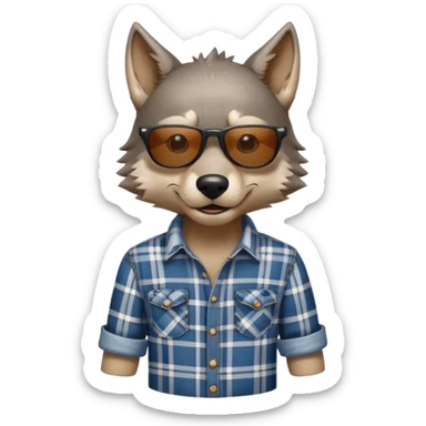 head and shoulders friendly anthropomorphised wolf in plaid shirt and jeans, wearing dark sunglasses, upright pose sticker