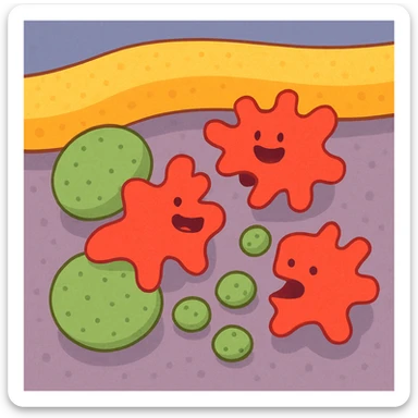 A realistic really detailed of enzymes (red) breaking down starch (green) near a cell membrane (yellow). Macro photography style. No labels. sticker