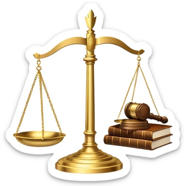 An icon featuring a gavel, scales of justice, and legal books, symbolizing law. The design includes a courthouse building in the background, representing the legal system and justice. Transparent background highlights the authority and structure of the law. sticker