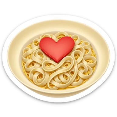 loose tangle of pale yellow cooked noodles with soft glossy texture and natural curves, strands slightly twisted and overlapping, freshly prepared dish, no bowl chopsticks or sauce, soft lighting, subtle shadows, emoji scale, make the noodles heartshaped and add tiny red hearts on the noodles sticker