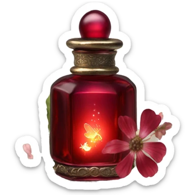 Dark red magic fairy light sparkling old Antique oil perfume bottle with herbal and flowers sticker