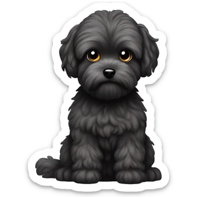 Caucasian Brunette girl long straight hair and hazel eyes, holding a black maltipoo with a white snout  to the side sticker