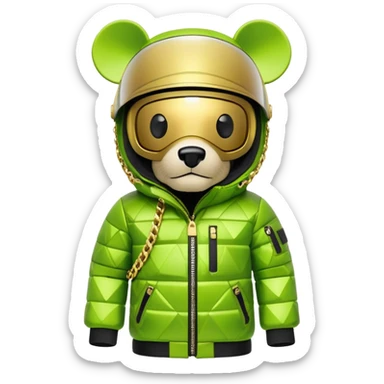 geometric bearbrick in lime graffiti balaclava wearing large snowboard style panoramic shield visor with single continuous lens, no eye division, luxury down jacket with fur, gold chains sticker