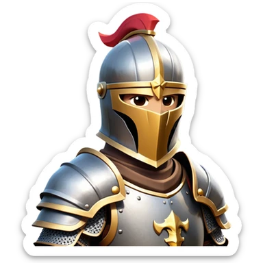 clash-of-clans-aesthetic_-cinematic-fearsome-and-majestic-knight-bust-portrait-emoji, rendered in a flat, vector-style with minimal shading and bold, simplified shapes, depicting a battle-ready medieval knight with steely eyes and intricate armor, mounted on a warhorse reflecting sunlight over a misty battlefield. sticker