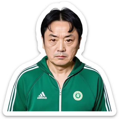 Park Ju-un is a middle-aged man, around 45 years old, green tracksuit, with tired eyes that carry the weight of a lifetime of struggles. His black hair, streaked with strands of gray, is unkempt and damp with sweat.

His face is gaunt, with deep wrinkles lining his forehead and around his mouth, evidence of years of stress and hardship. He wears the standard green Squid Game tracksuit (#369), but his jacket is slightly loose on his thin frame, and the collar is stained with sweat. His hands, slightly calloused from years of office work, tremble as he grips the small needle. sticker