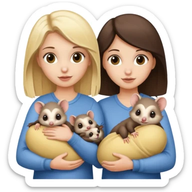 A blond girl and a brunette girl holding a baby possum  sticker