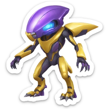 a shiny Genesect-Raptor-Fakémon—hybrid with a futuristic visor-helmet full body sticker